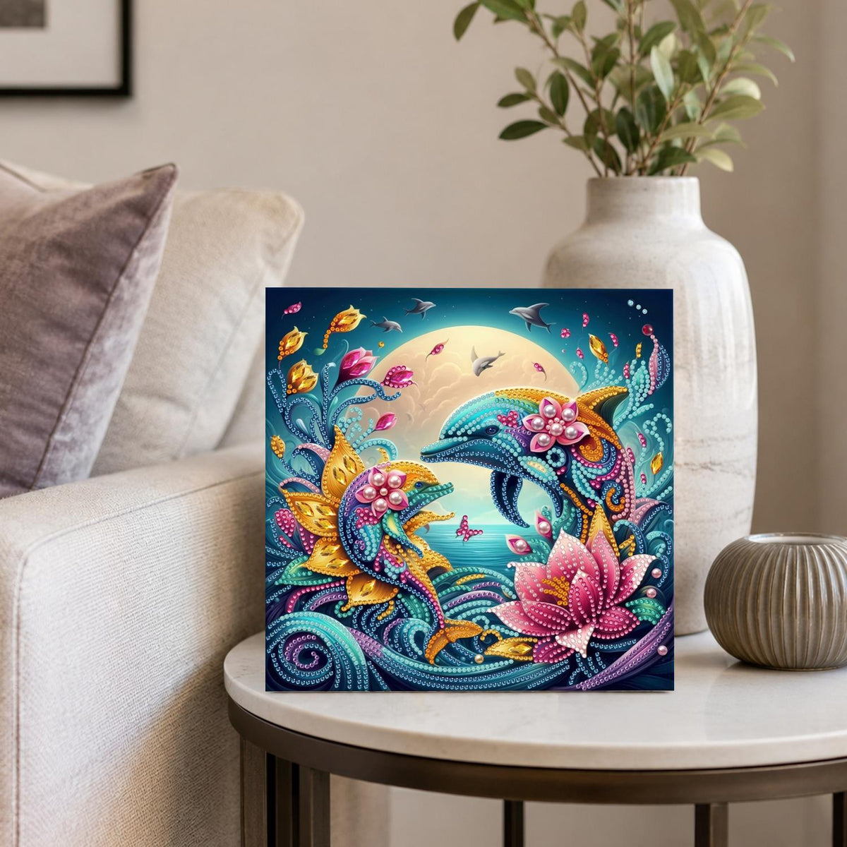 Moonlit Dolphins and Pink Lotus pearl painting – image 4