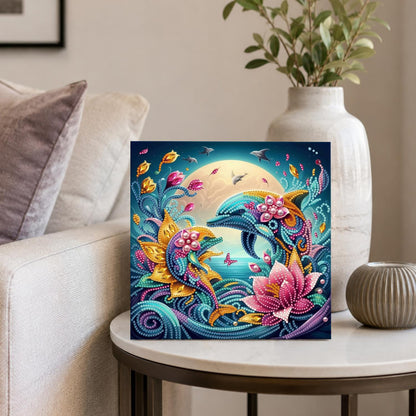 Moonlit Dolphins and Pink Lotus pearl painting – image 4