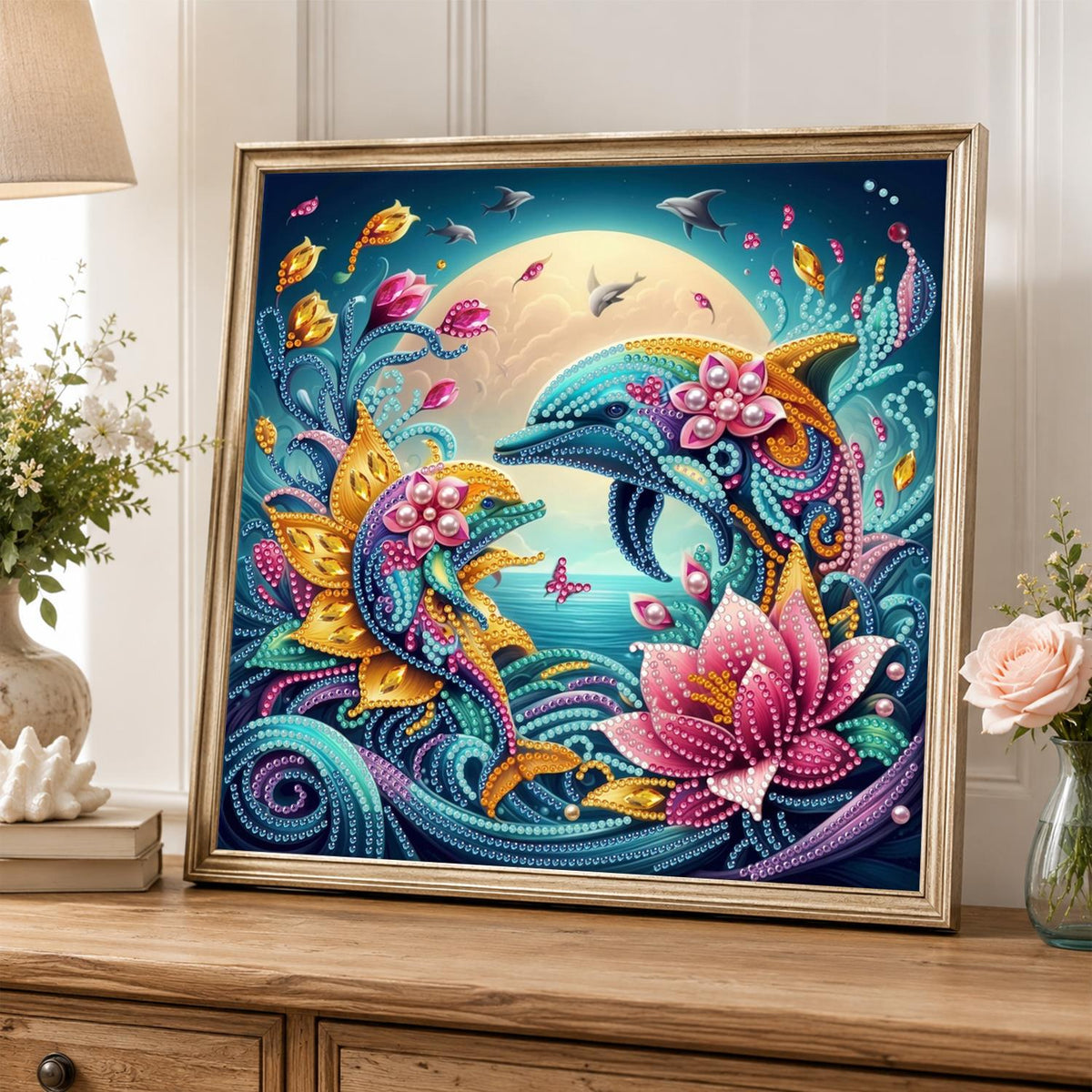 Moonlit Dolphins and Pink Lotus pearl painting – image 5