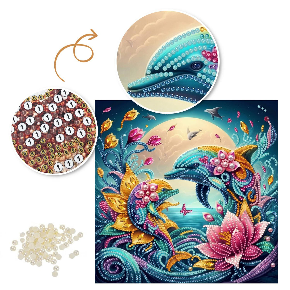 Moonlit Dolphins and Pink Lotus pearl painting – image 6