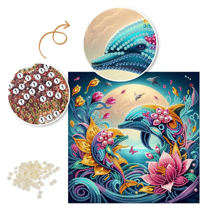 Moonlit Dolphins and Pink Lotus pearl painting – image 6