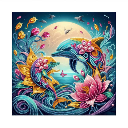 Moonlit Dolphins and Pink Lotus pearl painting – image 11