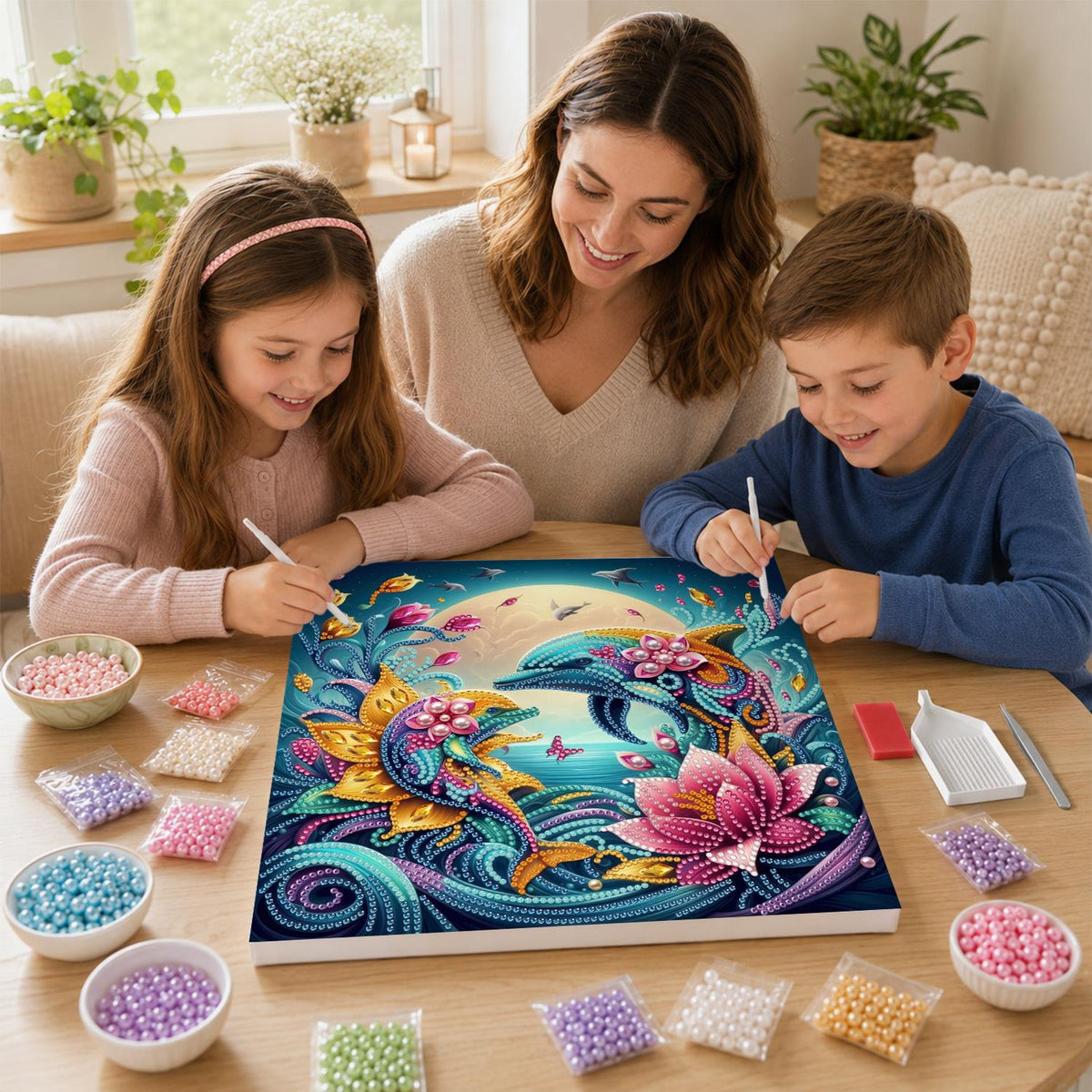 Moonlit Dolphins and Pink Lotus pearl painting – image 15