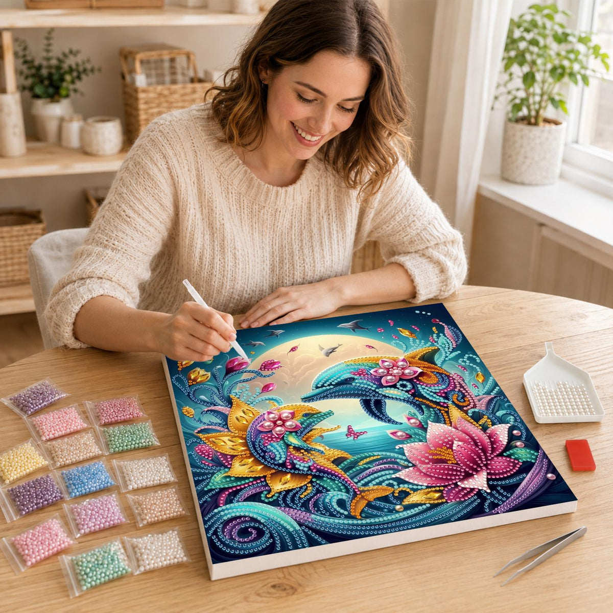 Moonlit Dolphins and Pink Lotus pearl painting – image 16