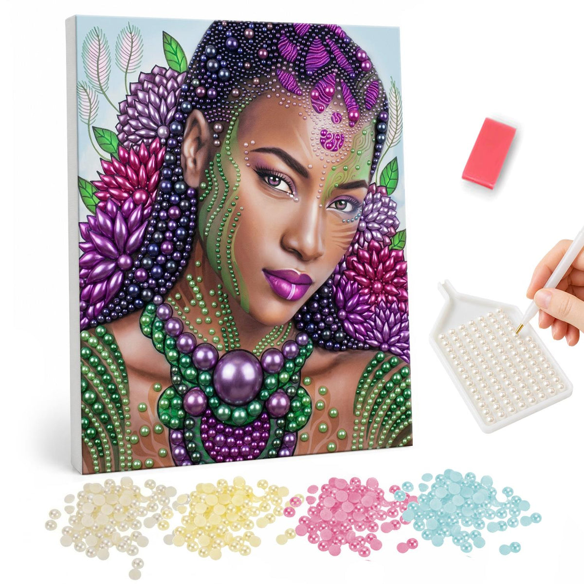 Purple Bloom Braided Beauty pearl painting – Woman with long braids threaded with purple beads, purple flowers and a green beaded necklace