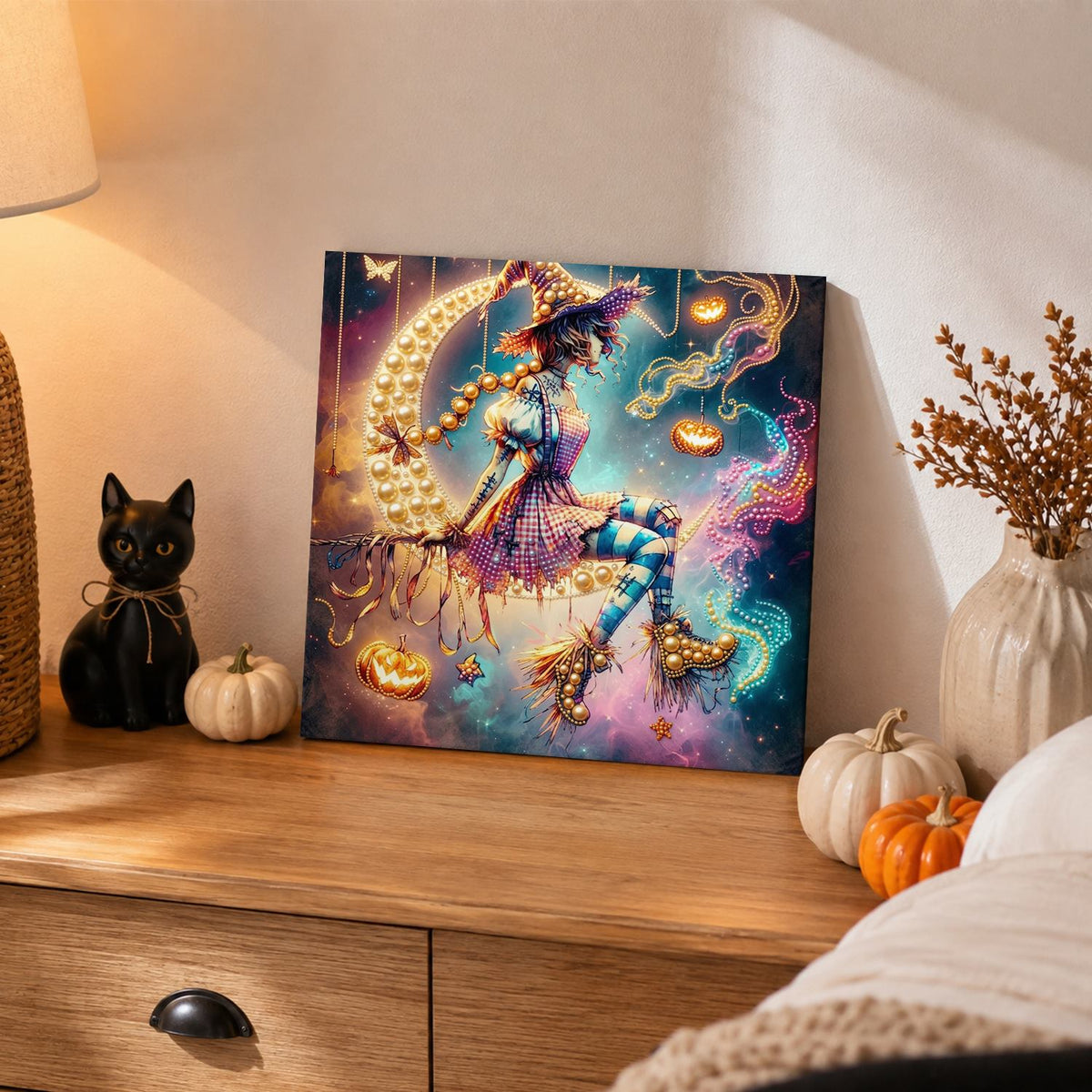 Broom-Riding Witch in Pastel Mist pearl painting – image 2