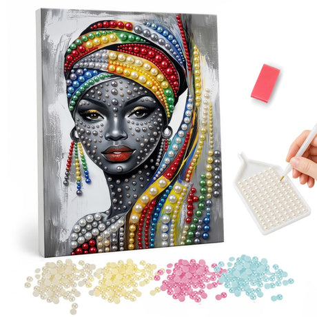 Rainbow Head Wrap on Silver pearl painting – Woman with gray beaded skin wearing a rainbow striped head wrap with colorful beaded strands