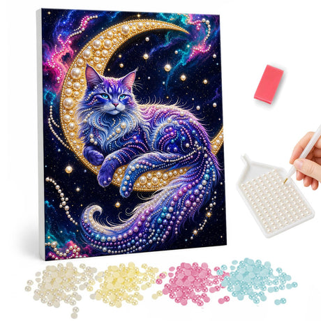 Purple Cat Resting on Crescent pearl painting – Purple long-haired cat lying on a golden crescent moon in a starry galaxy sky
