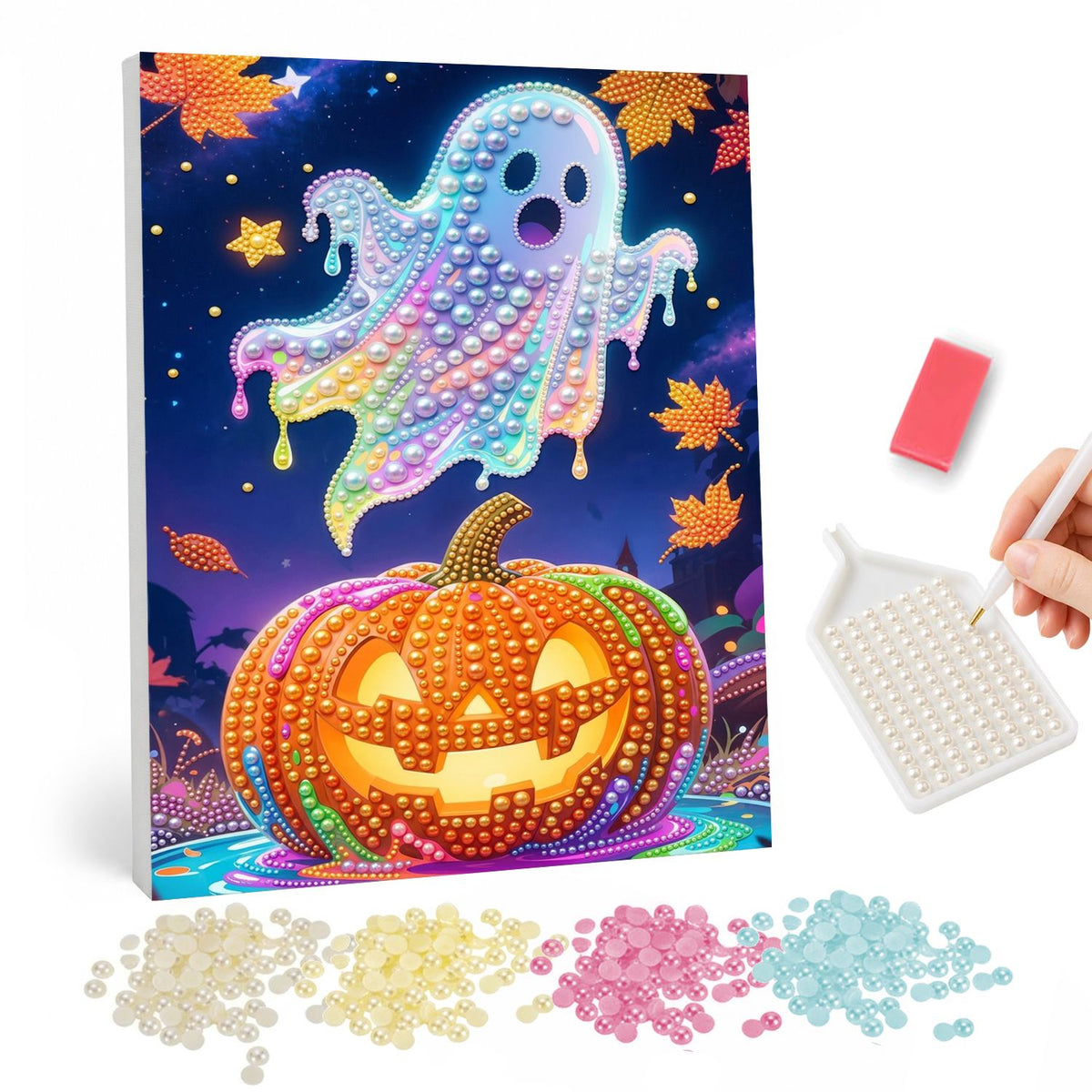 Iridescent Ghost and Pumpkin pearl painting – Shimmering rainbow ghost floating above a glowing carved pumpkin among falling autumn leaves at night