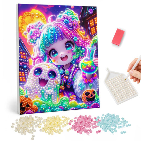 Neon Potion Girl and Ghost pearl painting – Big-eyed girl with rainbow hair holding a potion bottle beside a smiling ghost and pumpkins in neon colors