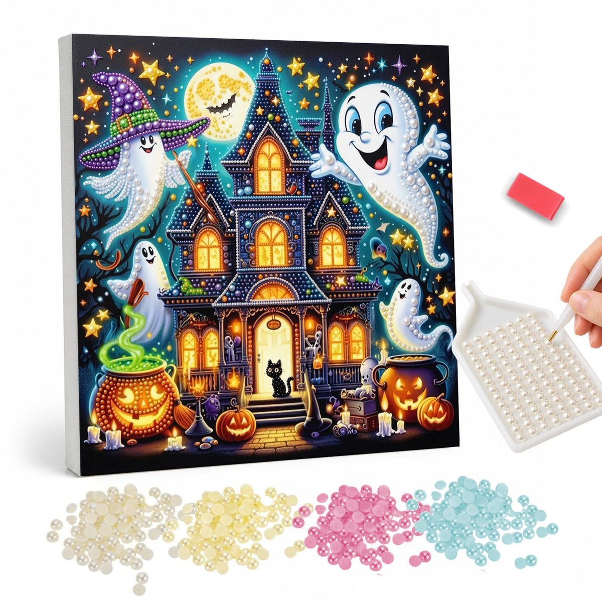 Grinning Ghosts and Spooky Manor pearl painting – Cheerful cartoon ghosts, one in a witch hat, swirling around a lit haunted house with cauldron and pumpkins