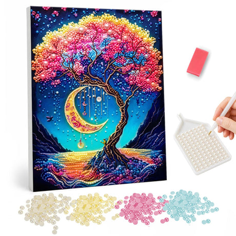 Moon Cradled in Blossom Tree pearl painting – Tree with a pink and red blossom canopy holding a glowing crescent moon over a blue night lake