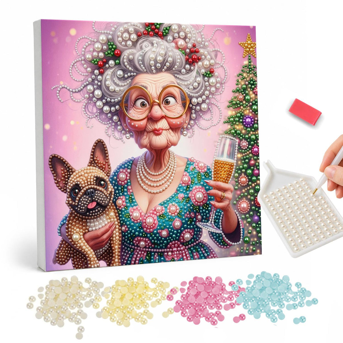 Toasting Granny and Frenchie pearl painting – Curly-haired grandmother in glasses raising a glass of bubbly beside a French bulldog and Christmas tree