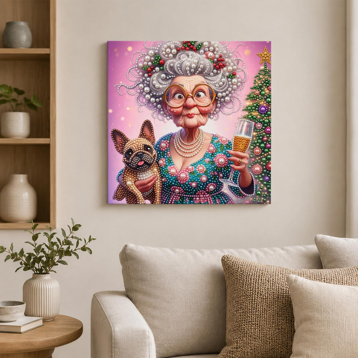 Toasting Granny and Frenchie pearl painting – image 2