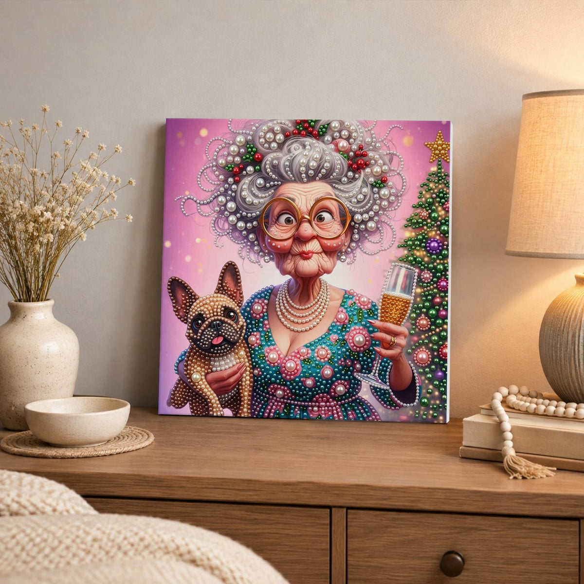 Toasting Granny and Frenchie pearl painting – image 3