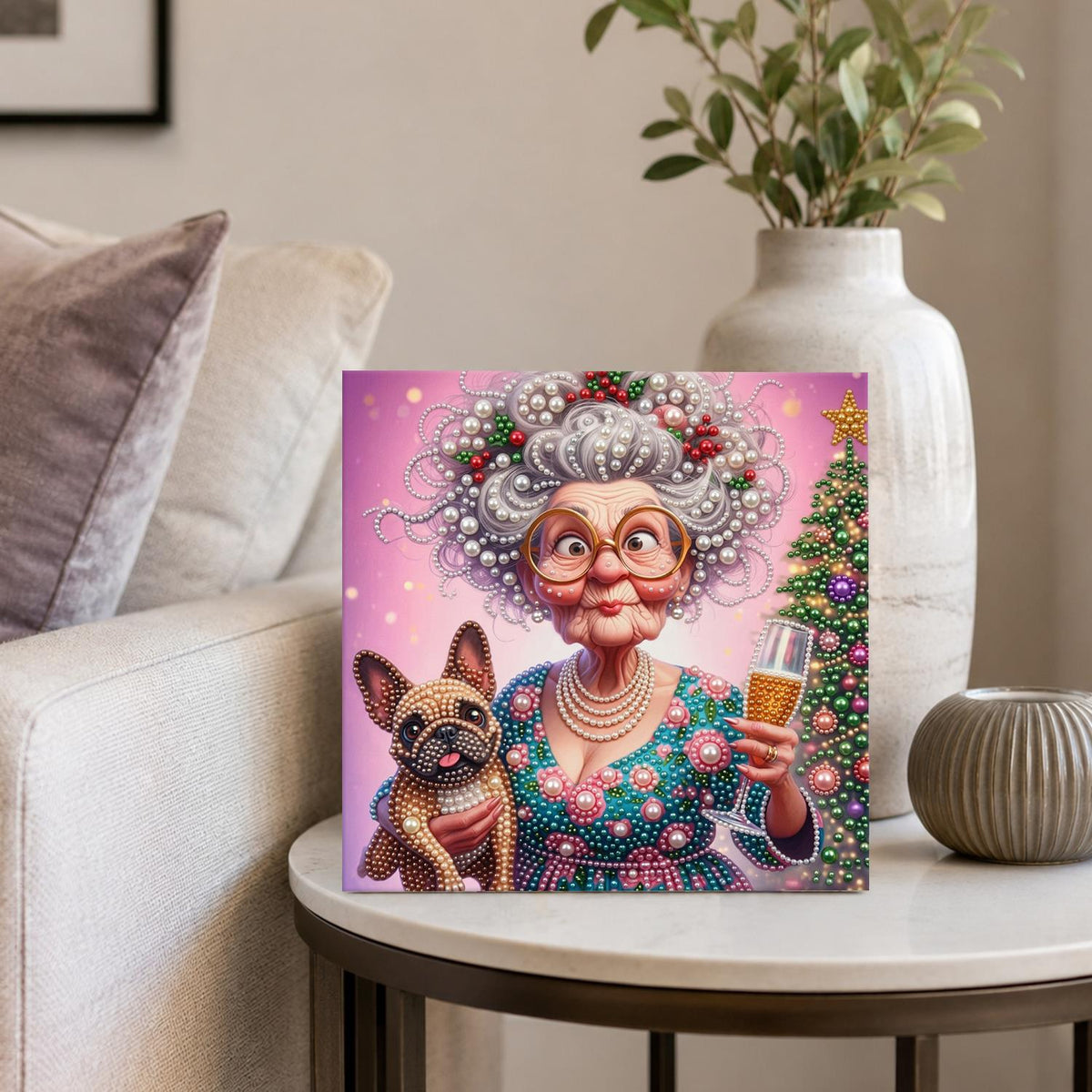 Toasting Granny and Frenchie pearl painting – image 4