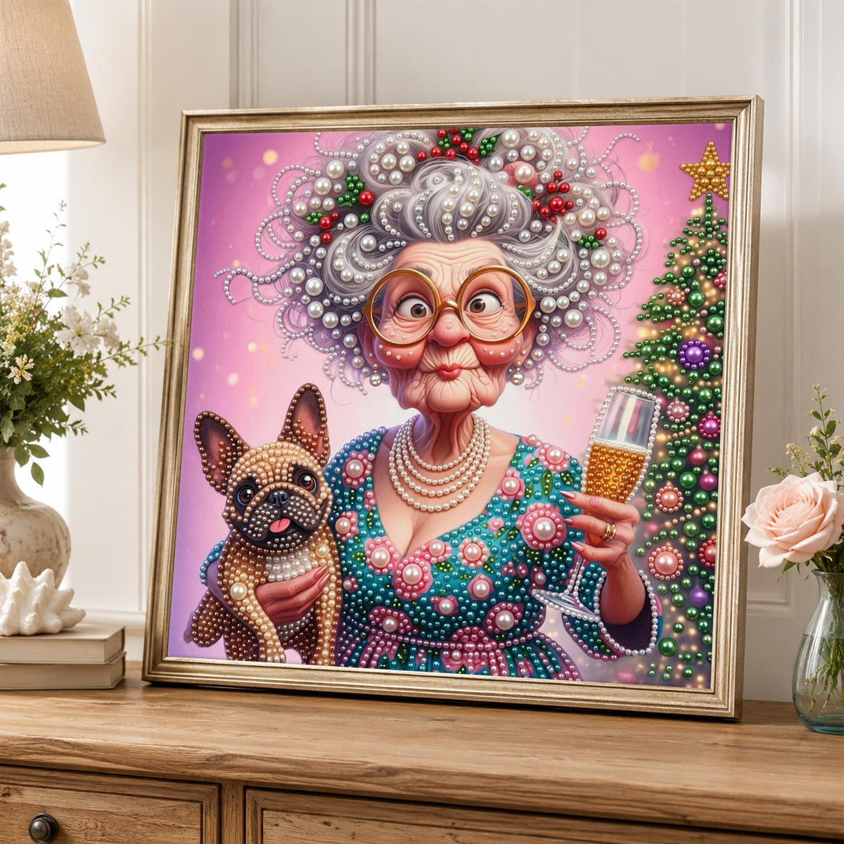 Toasting Granny and Frenchie pearl painting – image 5
