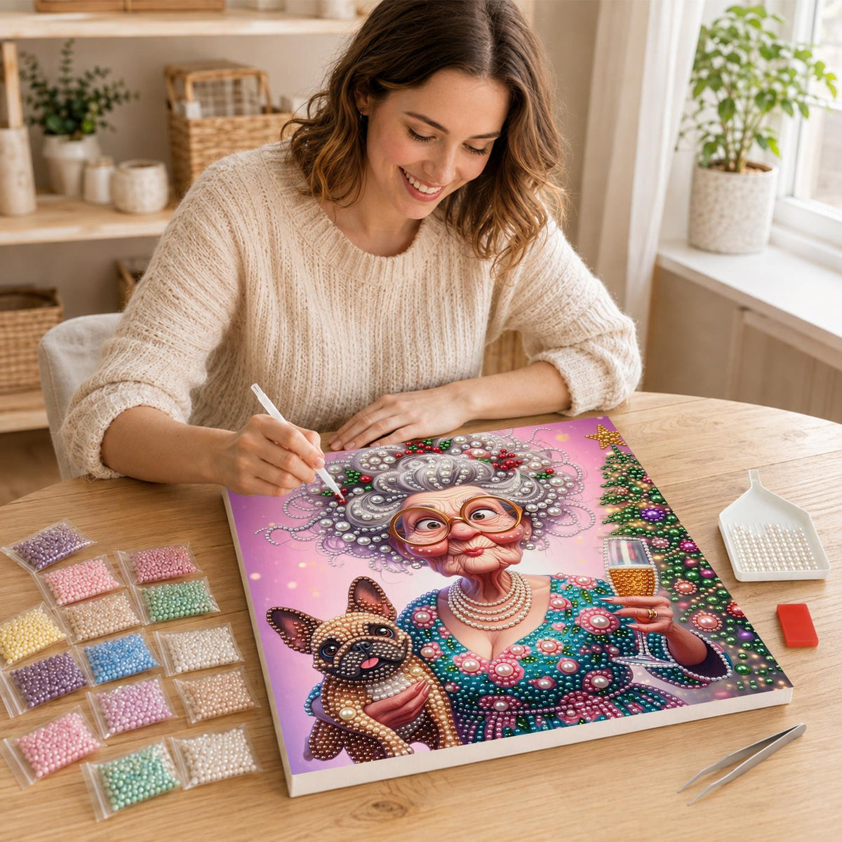 Toasting Granny and Frenchie pearl painting – image 16