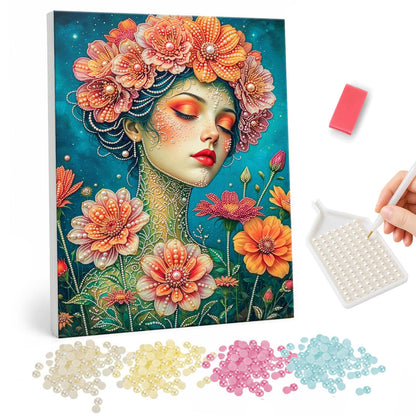 Peach Blossom Crown Dreamer pearl painting – Woman with closed eyes wearing a crown of peach and orange flowers against a teal background