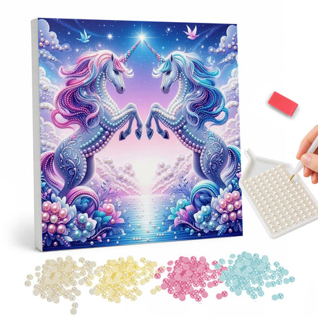 Mirrored Unicorns in Twilight pearl painting – Two purple and blue unicorns rearing face to face above roses and shimmering water under a starry glow