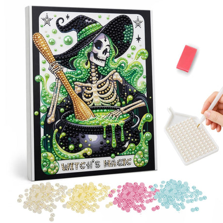 Skeleton Witch Stirring the Brew pearl painting – Skeleton witch with green hair and a black hat stirring a bubbling green cauldron above a Witch's Magic banner