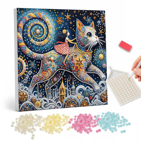 Polka-Dot Girl on Cosmic Cat pearl painting – Girl in a red polka-dot dress riding a giant patterned cat over a night town under swirling stars