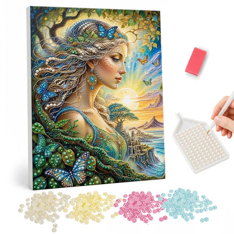 Butterfly Muse at Sunset Shore pearl painting – Woman in profile with long flowing hair and blue butterflies, a tree and a sunset over the sea behind her
