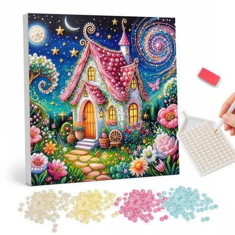 Pink Cottage Under Swirling Stars pearl painting – Pink-roofed fairytale cottage with a turret in a flower garden under a swirling starry sky and crescent moon