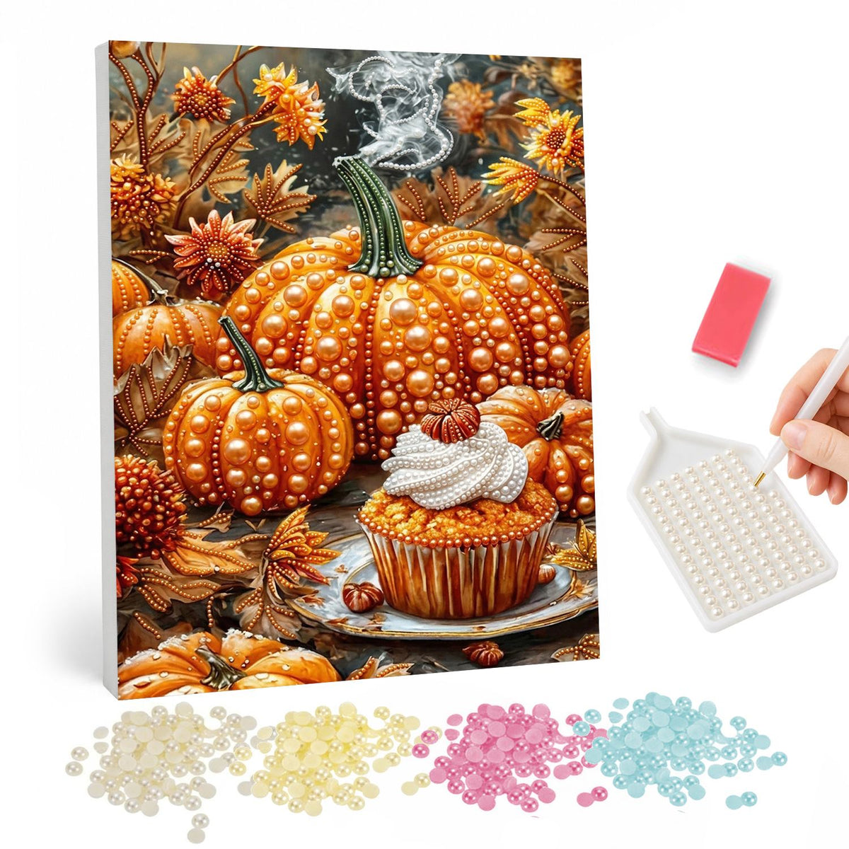 Pumpkin Spice Cupcake Harvest pearl painting – Cream-topped pumpkin cupcake on a plate before a pile of orange pumpkins, autumn leaves and wisps of steam