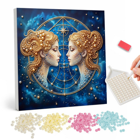 Gemini Twins in Golden Curls pearl painting – Two golden-haired women in profile facing each other inside a celestial circle on a starry blue sky