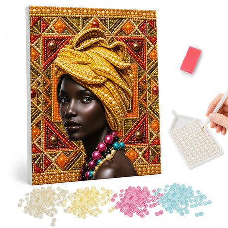 Golden Turban Portrait on Red pearl painting – Woman in a golden head wrap and colorful bead necklace before a red and gold geometric pattern