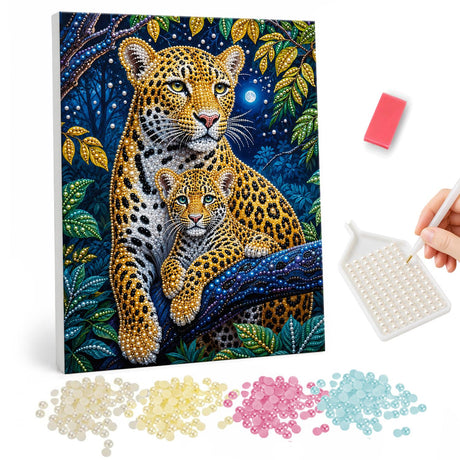Leopards on a Midnight Branch pearl painting – Leopard mother and cub resting on a jungle branch under a small moon at night