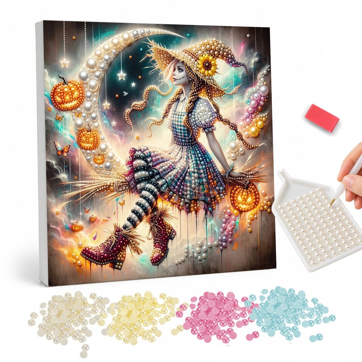 Sunflower-Hat Witch and Moon pearl painting – Witch in a sunflower-trimmed straw hat and blue gingham dress riding a broom past a crescent moon