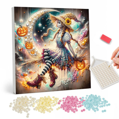 Sunflower-Hat Witch and Moon pearl painting – Witch in a sunflower-trimmed straw hat and blue gingham dress riding a broom past a crescent moon