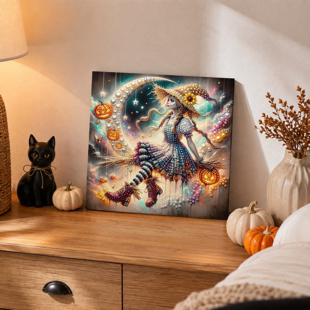 Sunflower-Hat Witch and Moon pearl painting – image 2