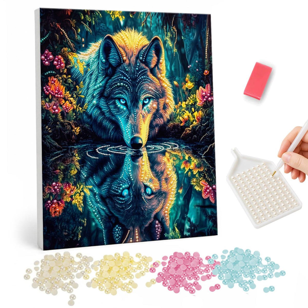 Wolf at the Reflecting Pool pearl painting – Gray wolf drinking from a still pool, mirrored in the water, in a glowing teal forest