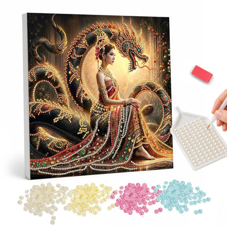 Lady of the Golden Dragon pearl painting – Woman in a jeweled red and gold gown seated beside a coiling black and gold dragon