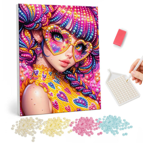 Pink-Haired Girl in Heart Shades pearl painting – Girl with curly pink and purple hair wearing heart-shaped glasses and a yellow heart top