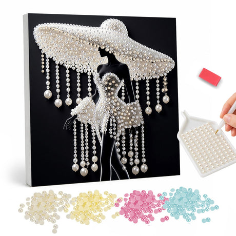 Lady Under a Beaded Sun Hat pearl painting – White silhouette of an elegant woman in a wide-brimmed hat hung with bead strands, on black