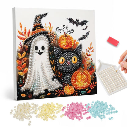 Witch-Hat Ghost and Black Cat pearl painting – Smiling ghost in a witch hat beside a wide-eyed black cat, pumpkins, bats and autumn leaves on white
