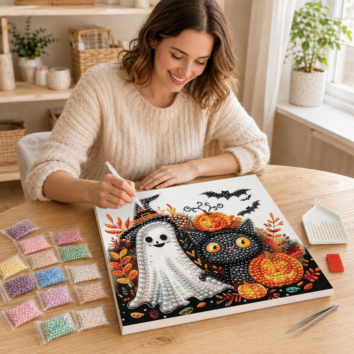 Witch-Hat Ghost and Black Cat pearl painting – image 16