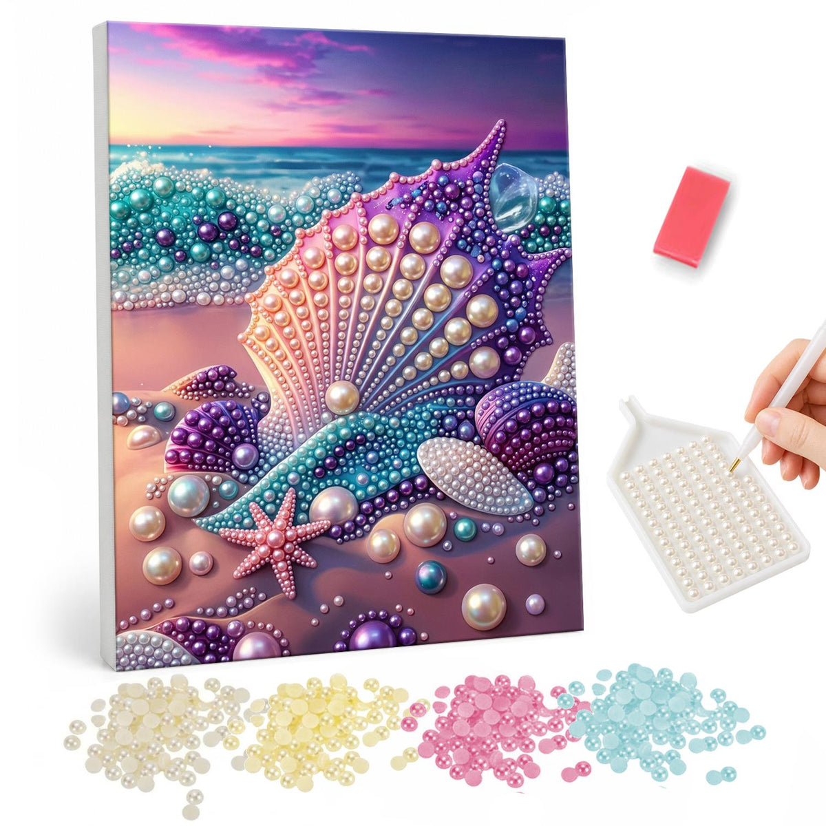 Seashells at Pink Sunset pearl painting – Large scallop shell, spiral shell and starfish on the sand with waves under a pink sunset