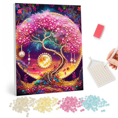 Pink Blossom Tree of Life pearl painting – Pink blossom tree with a twisting trunk framed in a circle, a glowing golden moon behind