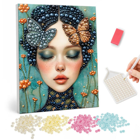Dreaming Lady with Butterfly Hair pearl painting – Woman with closed eyes and freckles, a blue and an orange butterfly in her dark hair, on teal