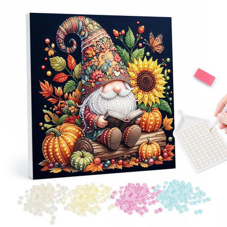 Autumn Gnome Reading Among Pumpkins pearl painting – image 1