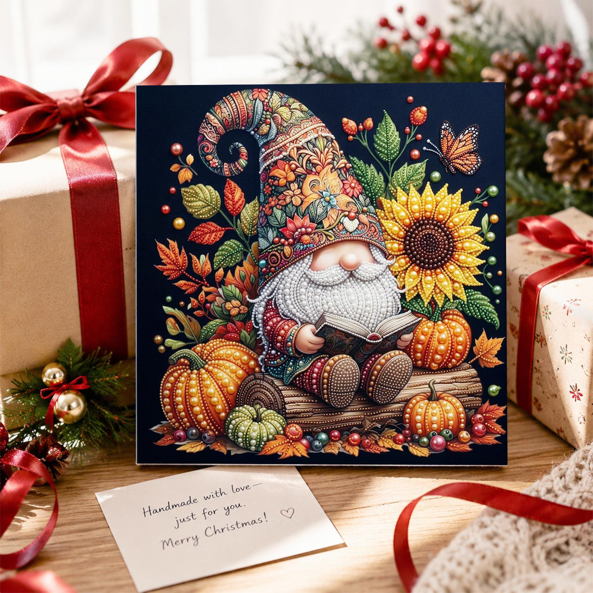 Reading Gnome with Sunflowers pearl painting – image 2