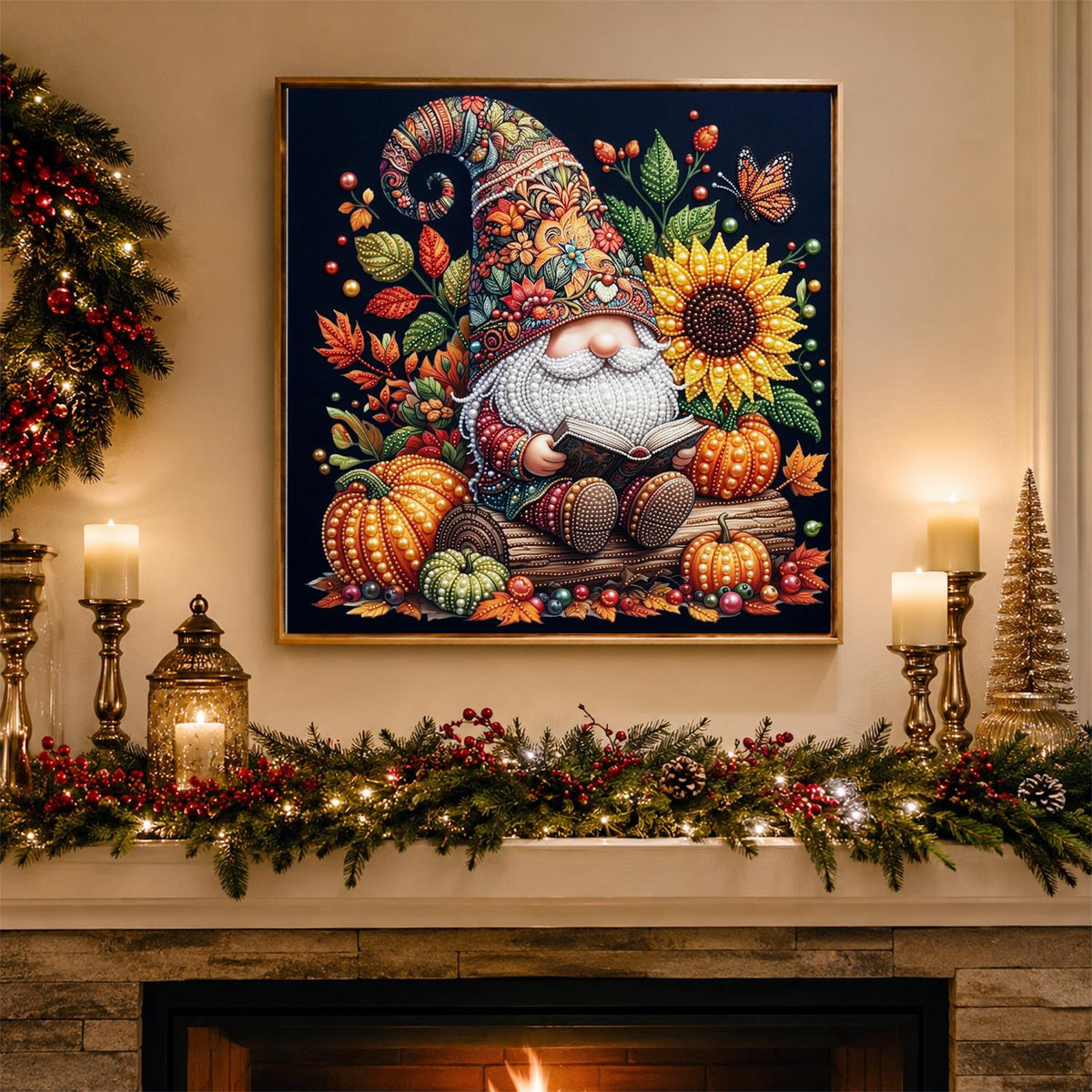 Reading Gnome with Sunflowers pearl painting – image 3