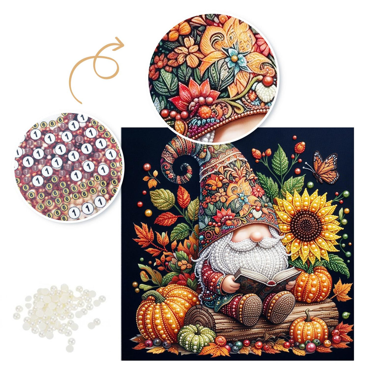 Reading Gnome with Sunflowers pearl painting – image 6