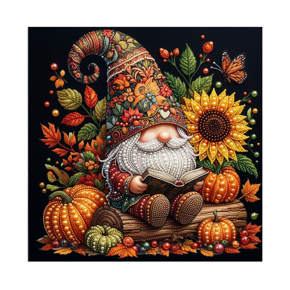 Reading Gnome with Sunflowers pearl painting – image 11