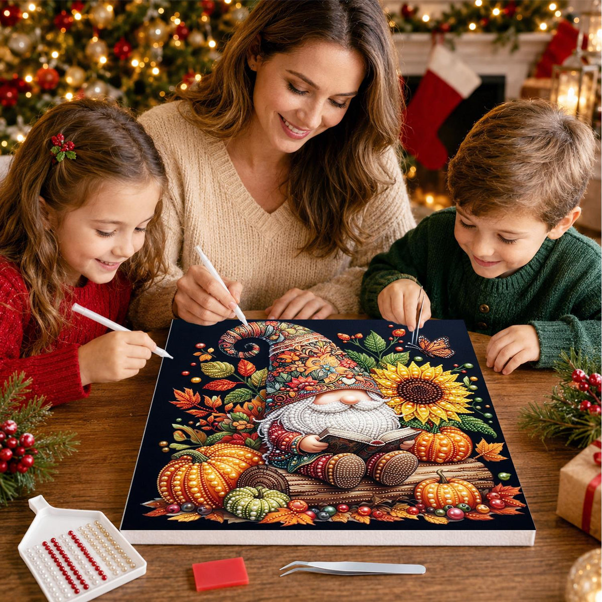 Reading Gnome with Sunflowers pearl painting – image 15